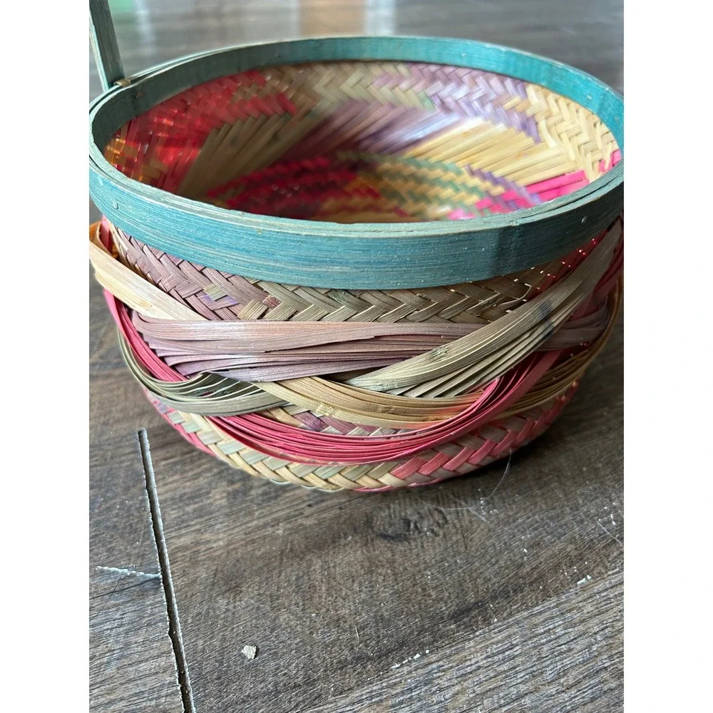 Vintage Style Woven Bamboo Basket Round Multi Color Pink Teal Braided Detail 11i